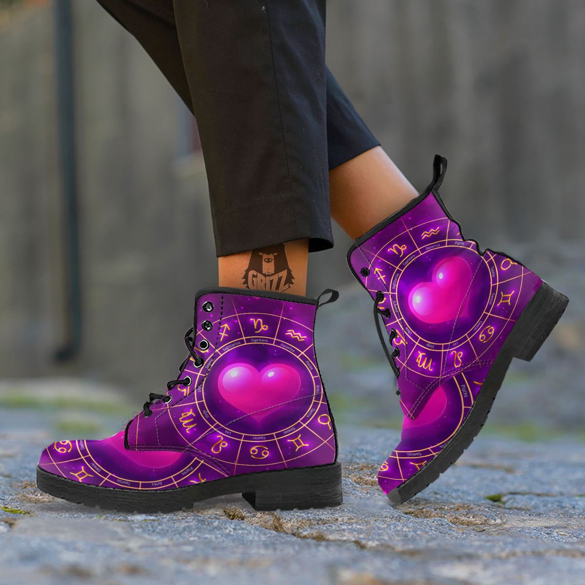Zodiac Wheel Pink Heart Print Leather Boots-grizzshop