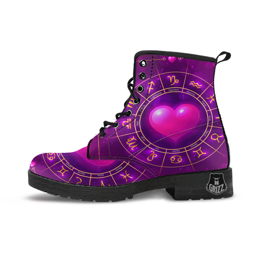 Zodiac Wheel Pink Heart Print Leather Boots-grizzshop