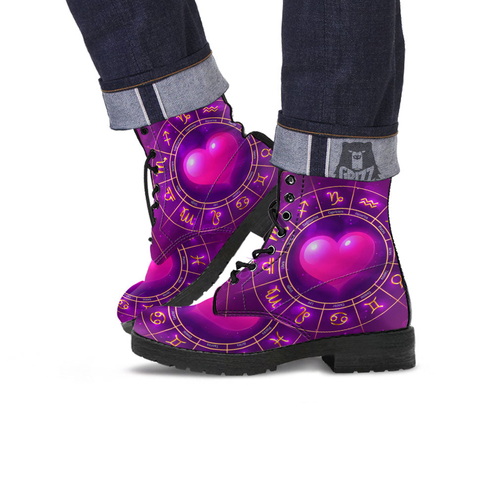 Zodiac Wheel Pink Heart Print Leather Boots-grizzshop