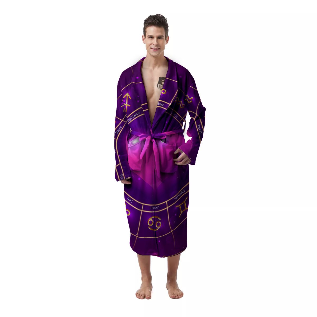 Zodiac Wheel Pink Heart Print Men's Robe-grizzshop