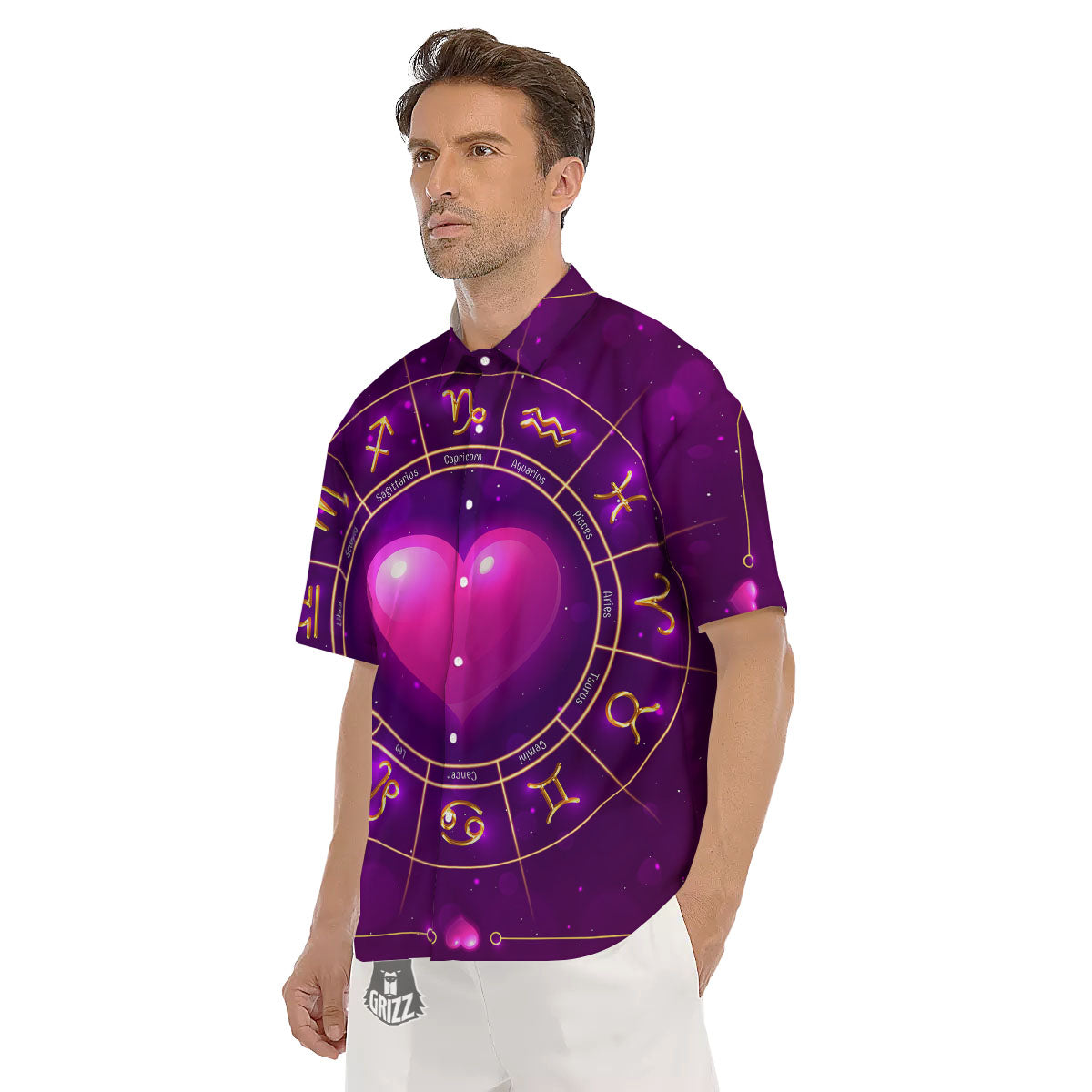 Zodiac Wheel Pink Heart Print Men's Short Sleeve Shirts-grizzshop