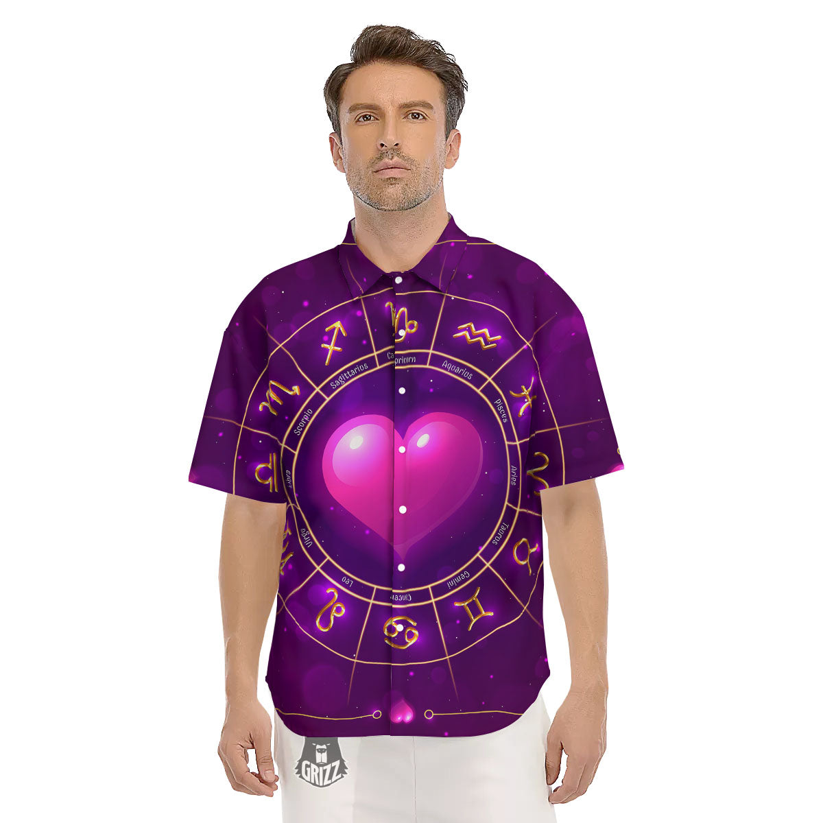 Zodiac Wheel Pink Heart Print Men's Short Sleeve Shirts-grizzshop