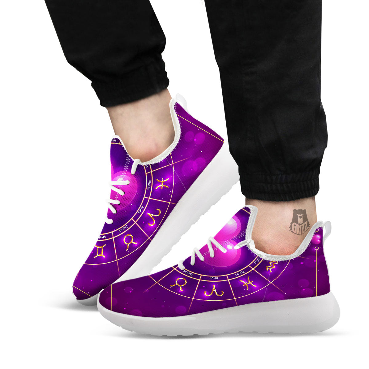 Zodiac Wheel Pink Heart Print White Athletic Shoes-grizzshop