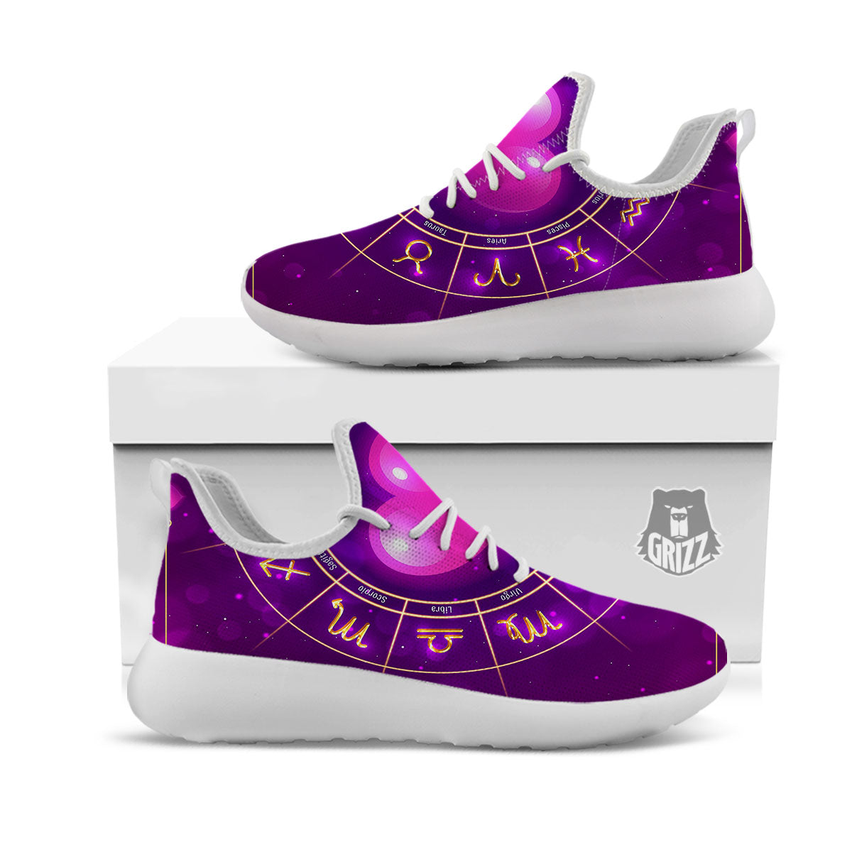 Zodiac Wheel Pink Heart Print White Athletic Shoes-grizzshop