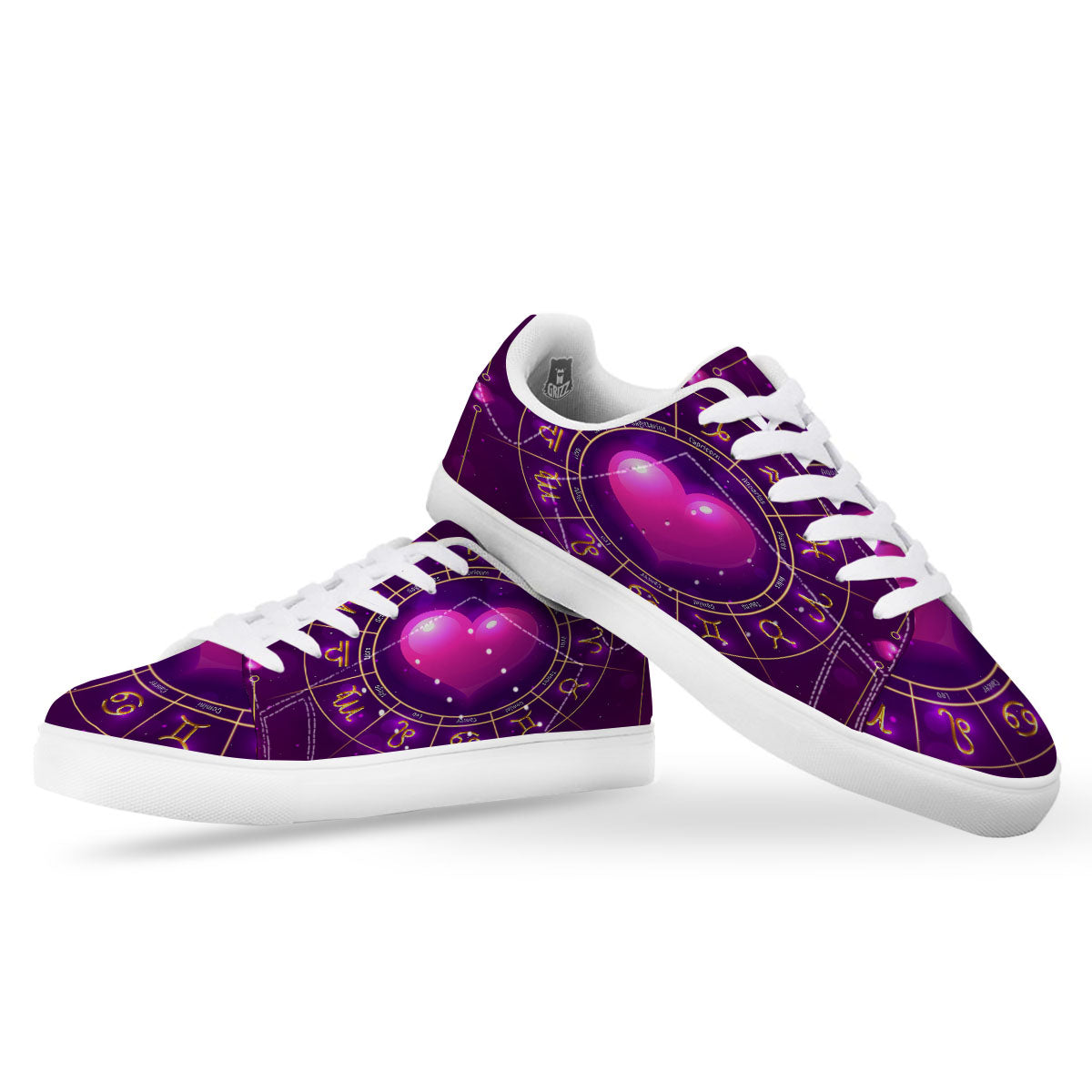 Zodiac Wheel Pink Heart Print White Low Top Sneakers-grizzshop