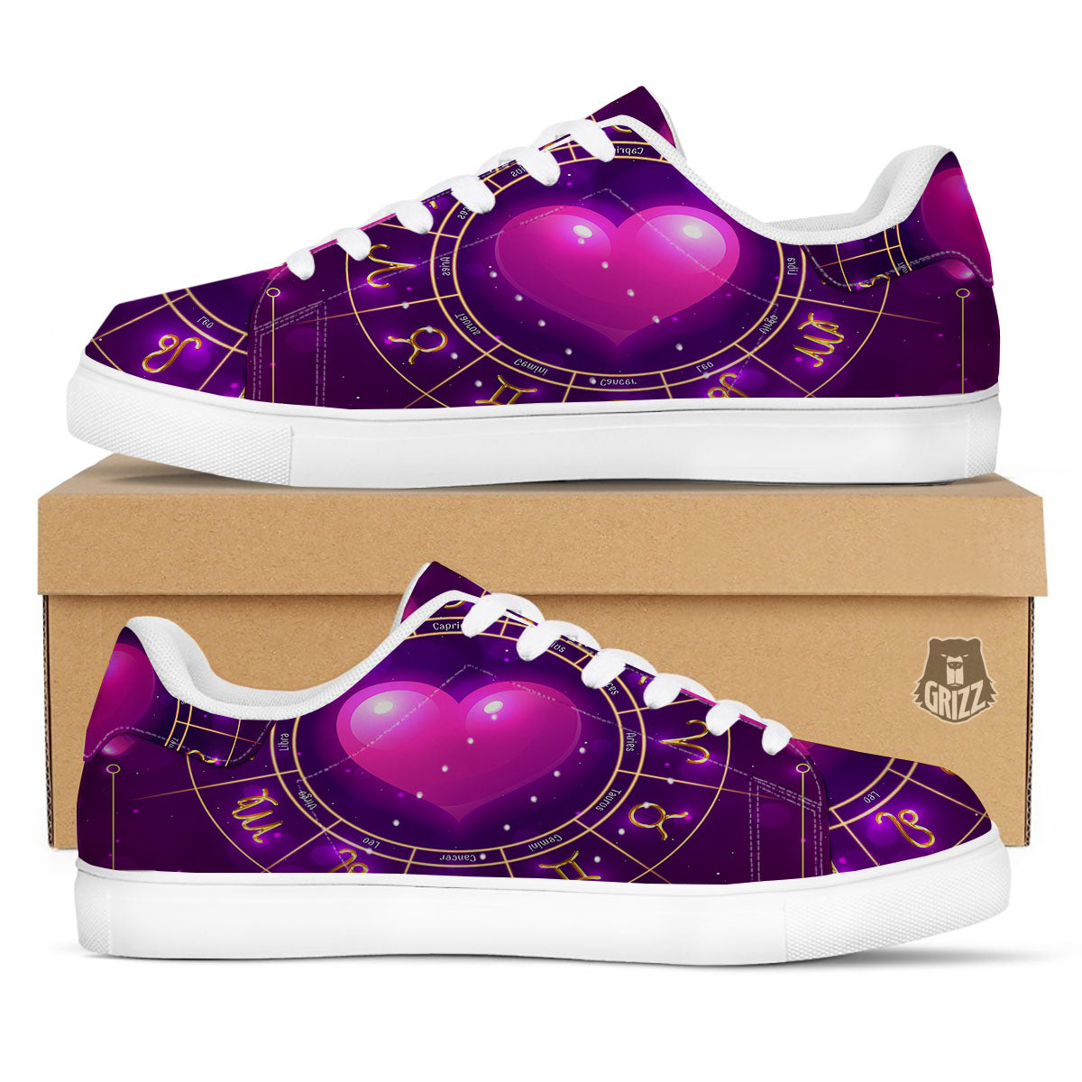 Zodiac Wheel Pink Heart Print White Low Top Sneakers-grizzshop