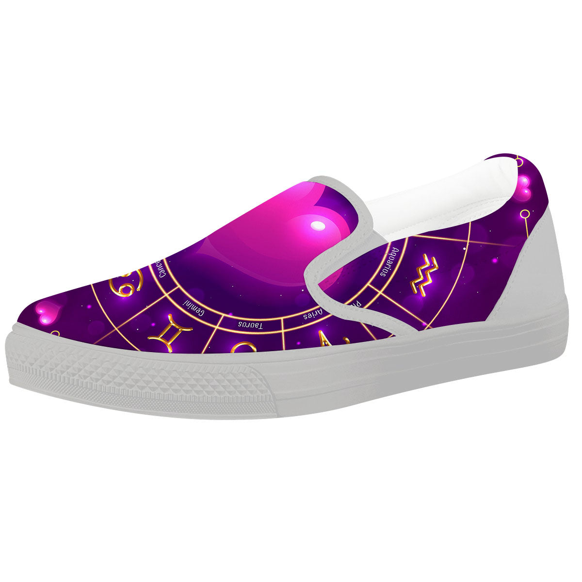 Zodiac Wheel Pink Heart Print White Slip On Shoes-grizzshop