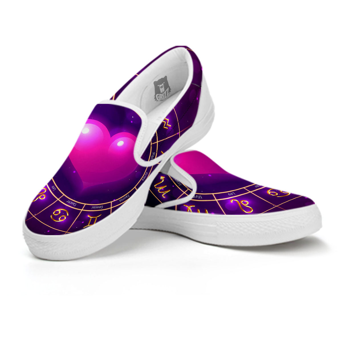 Zodiac Wheel Pink Heart Print White Slip On Shoes-grizzshop
