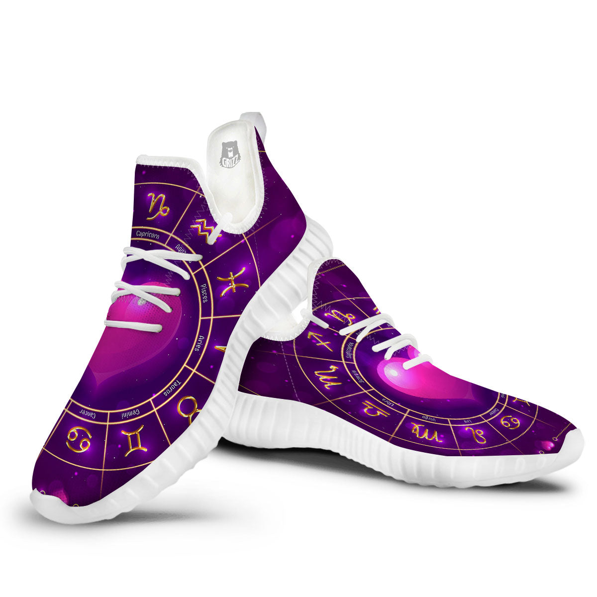 Zodiac Wheel Pink Heart Print White Walking Shoes-grizzshop