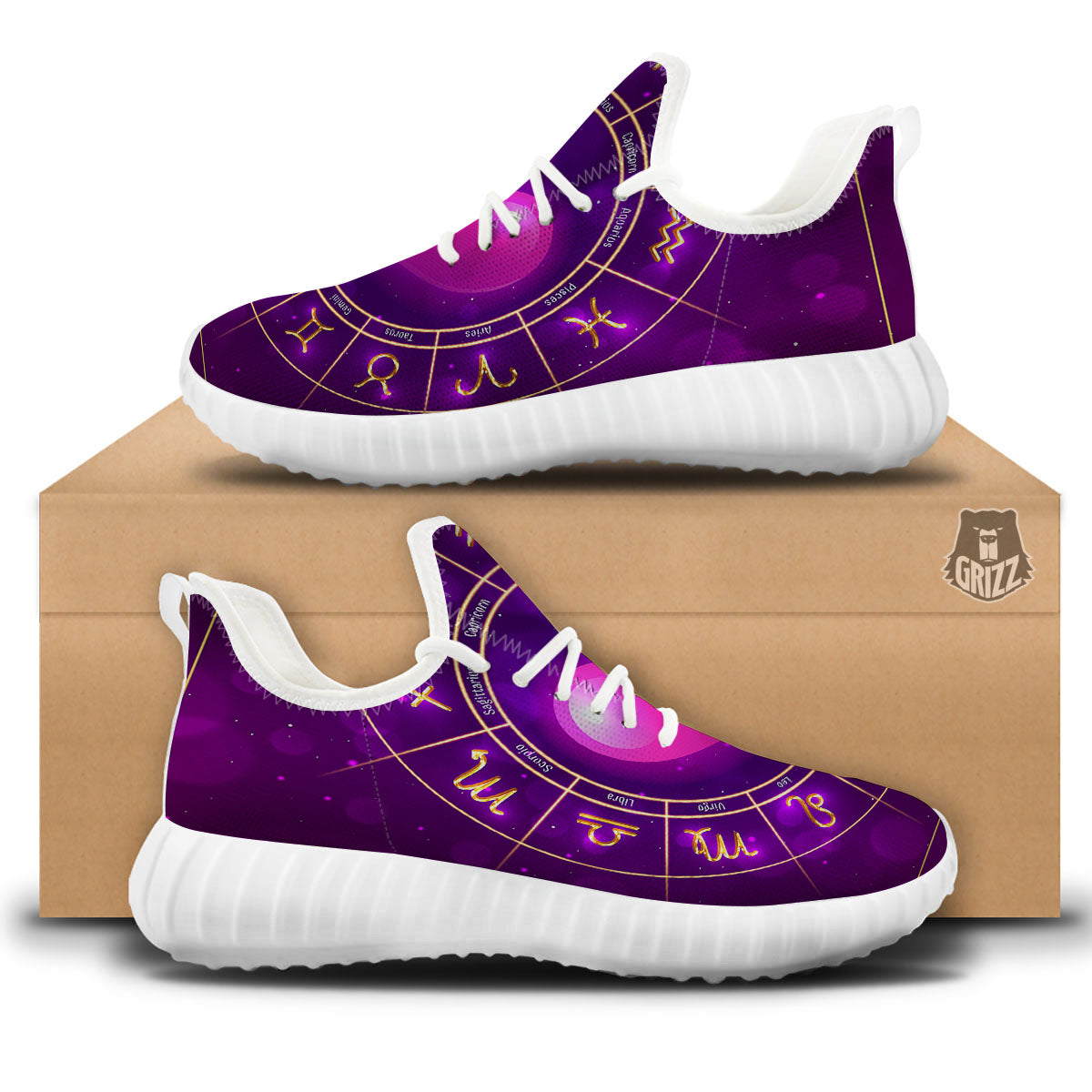 Zodiac Wheel Pink Heart Print White Walking Shoes-grizzshop