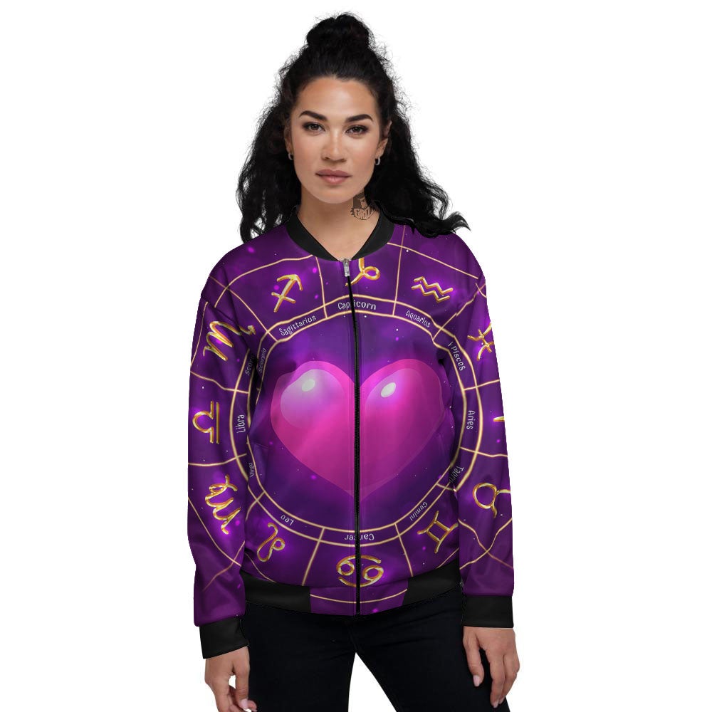 Zodiac Wheel Pink Heart Print Women's Bomber Jacket-grizzshop