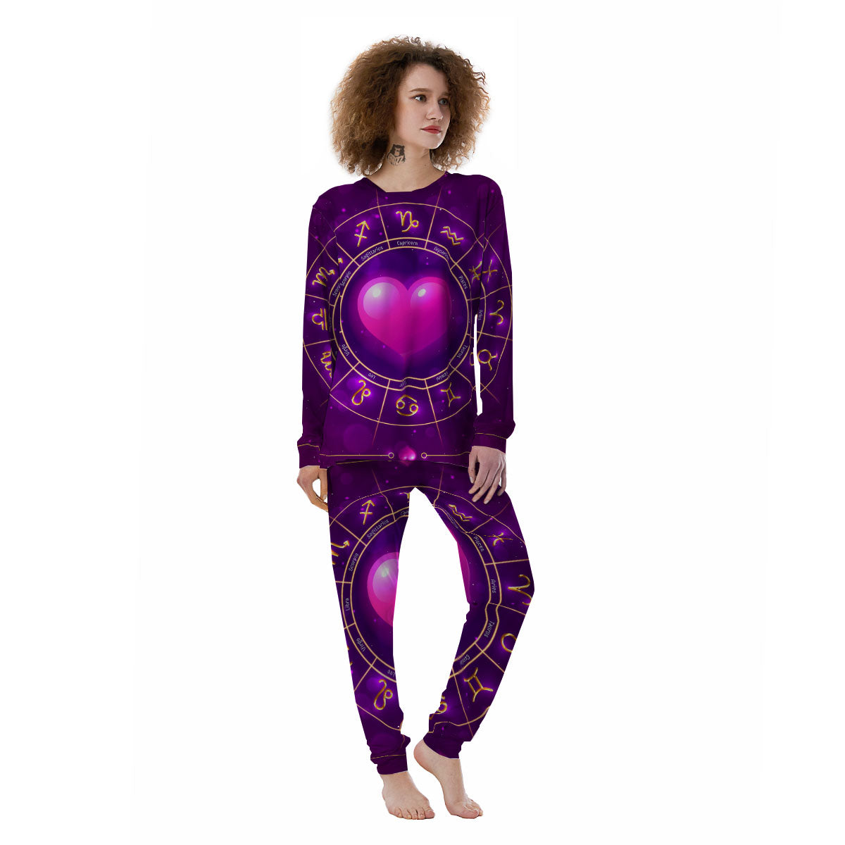 Zodiac Wheel Pink Heart Print Women's Pajamas-grizzshop