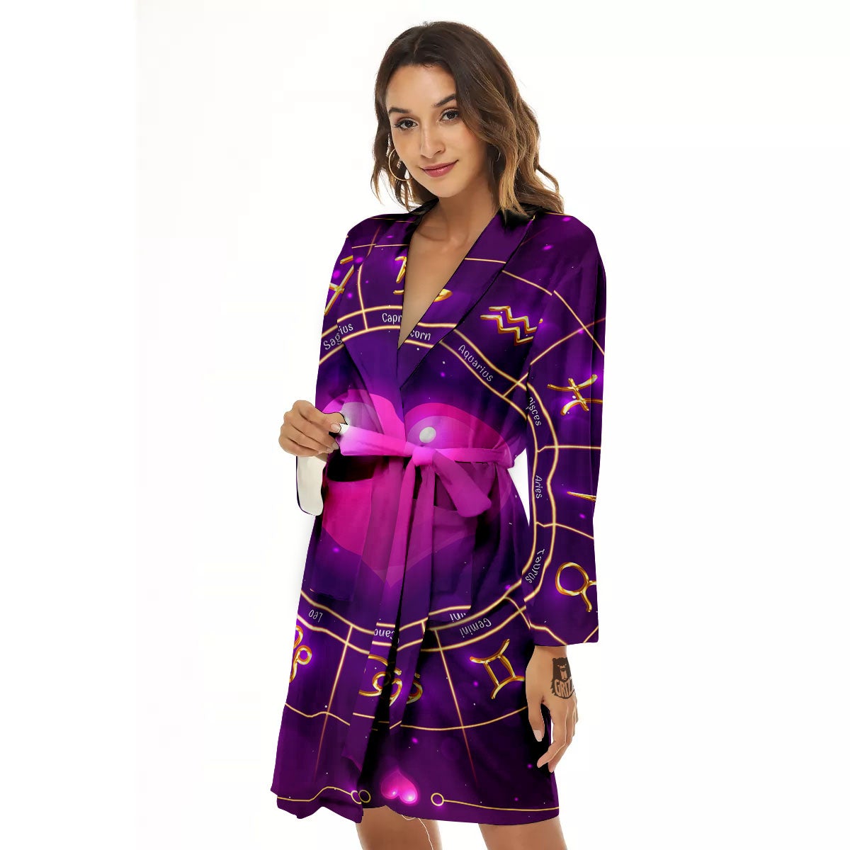 Zodiac Wheel Pink Heart Print Women's Robe-grizzshop