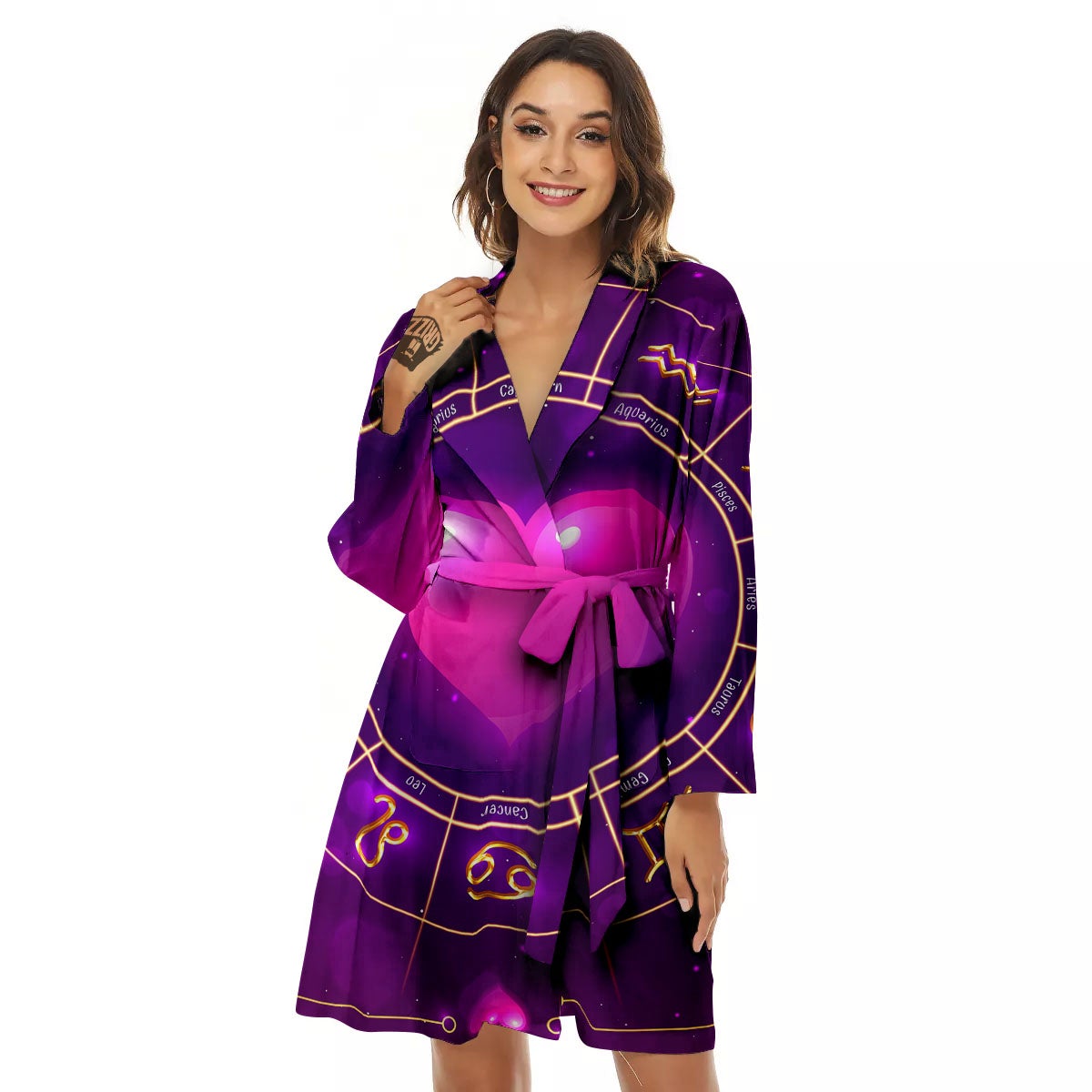 Zodiac Wheel Pink Heart Print Women's Robe-grizzshop