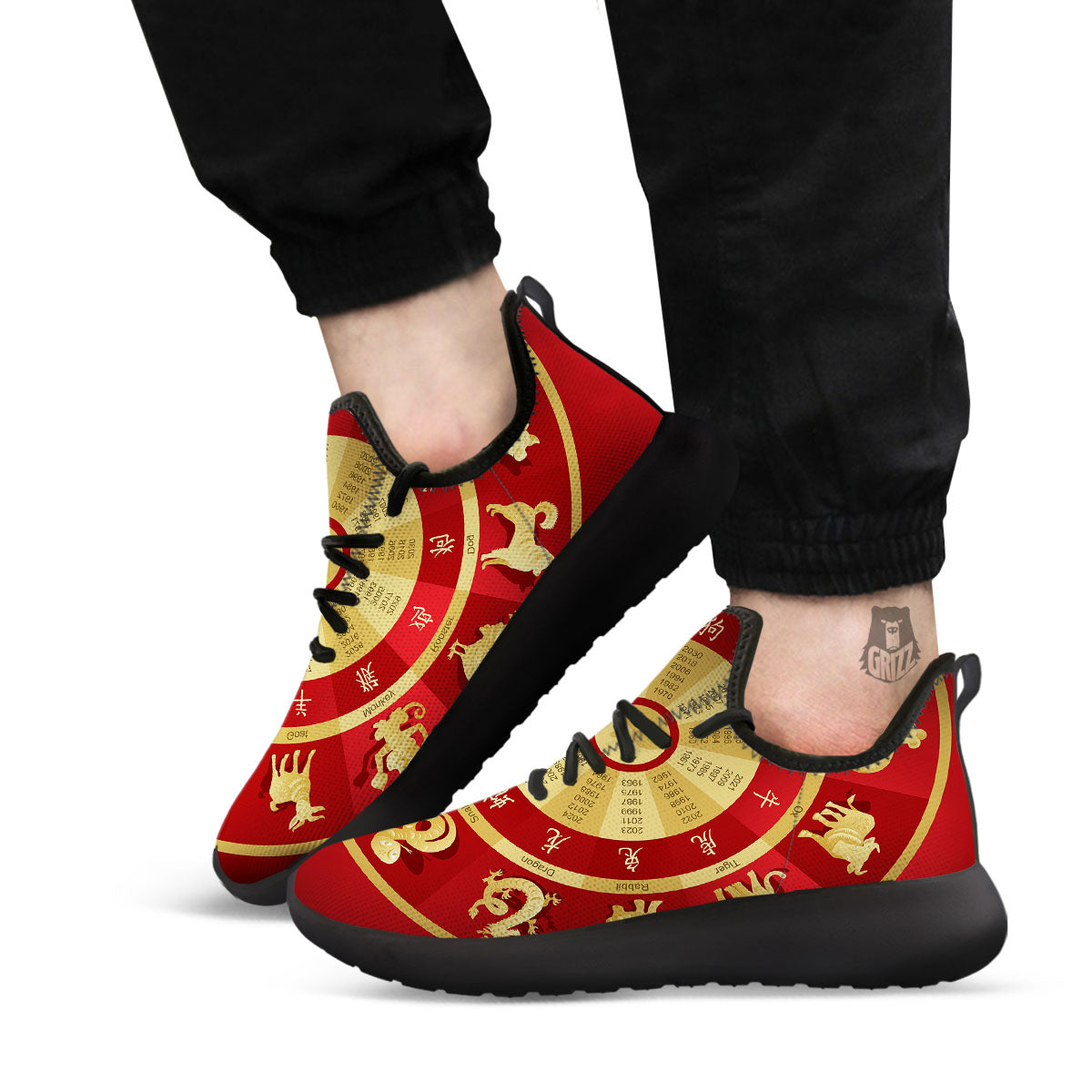Zodiac Wheel Red Chinese Print Black Athletic Shoes-grizzshop