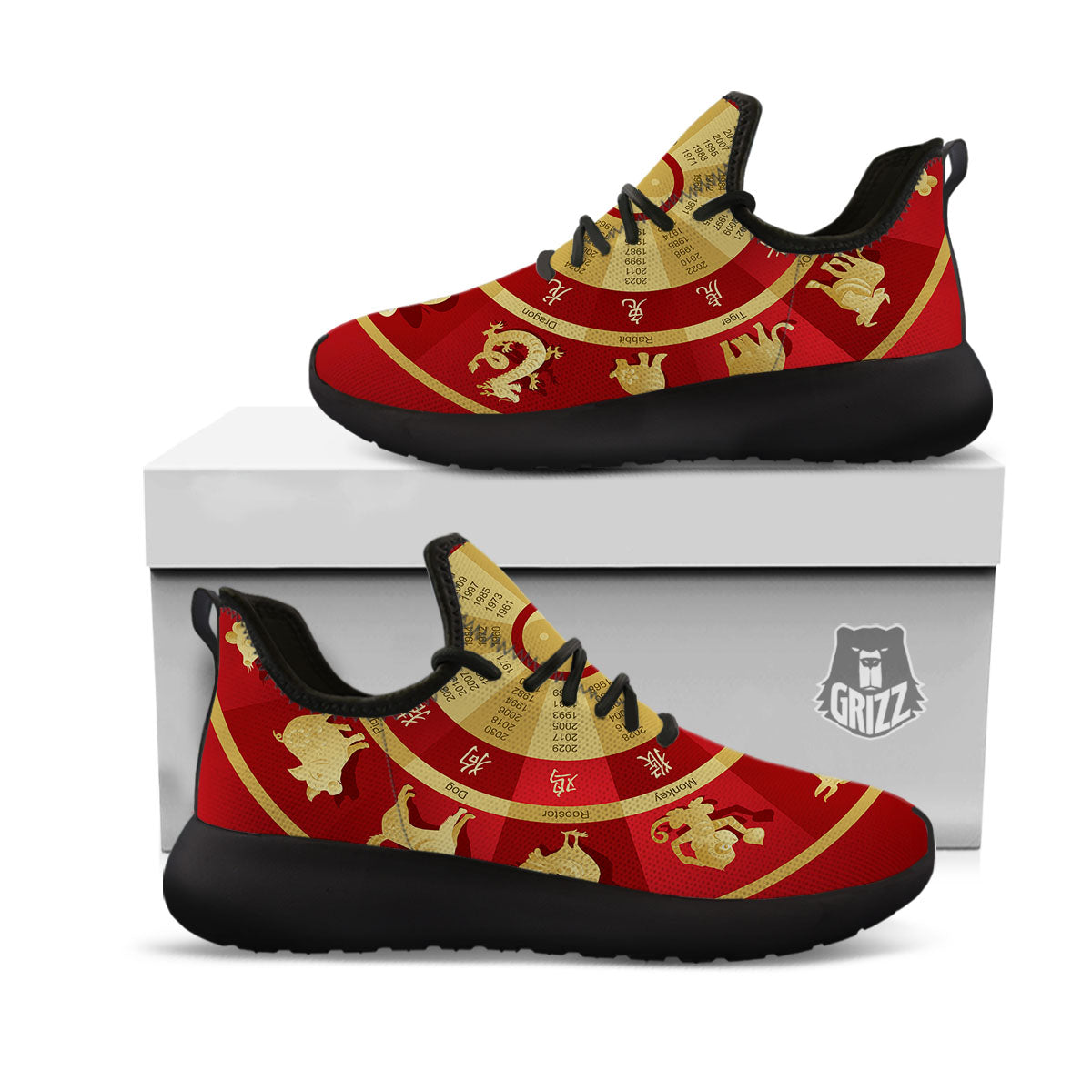 Zodiac Wheel Red Chinese Print Black Athletic Shoes-grizzshop