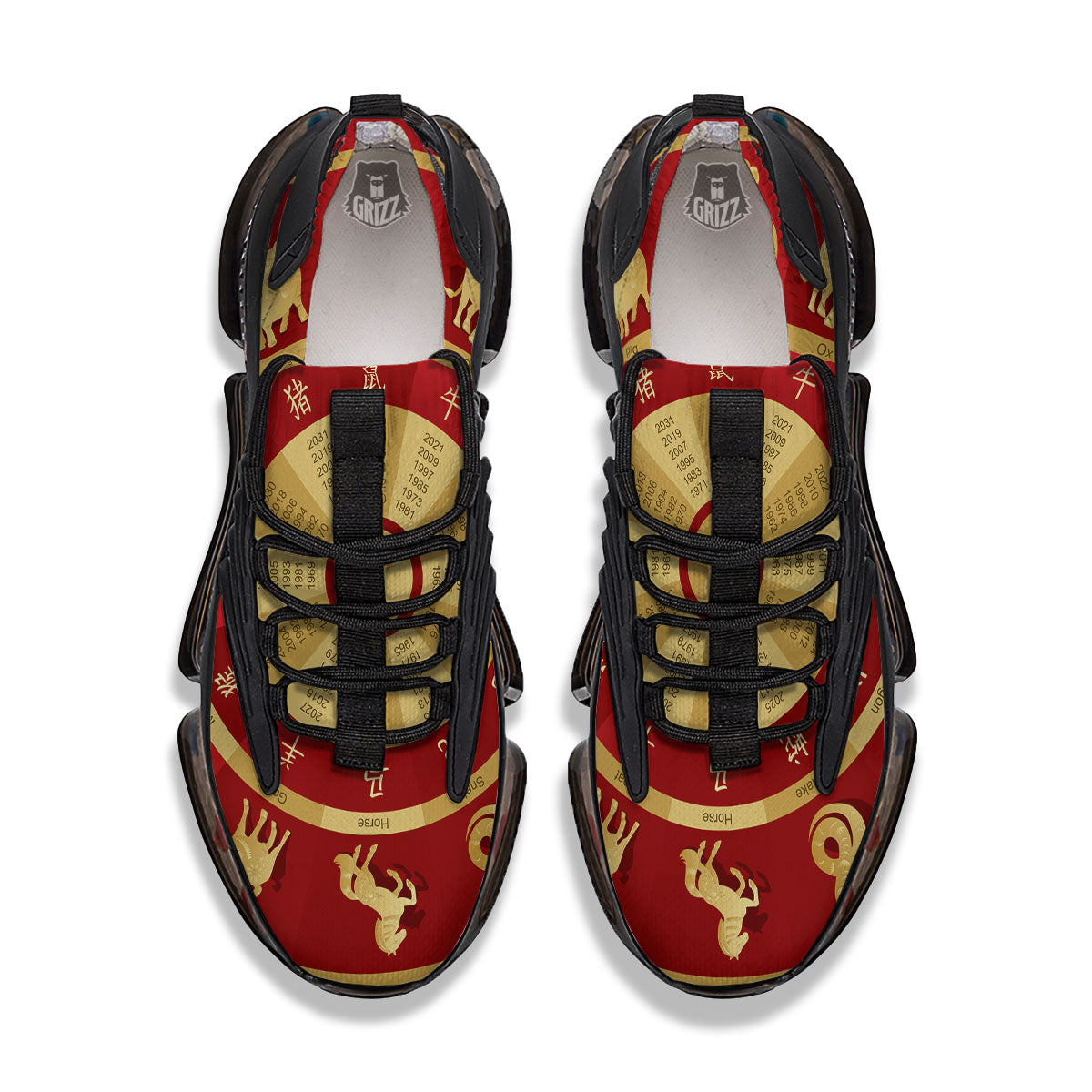 Zodiac Wheel Red Chinese Print Black Gym Shoes-grizzshop