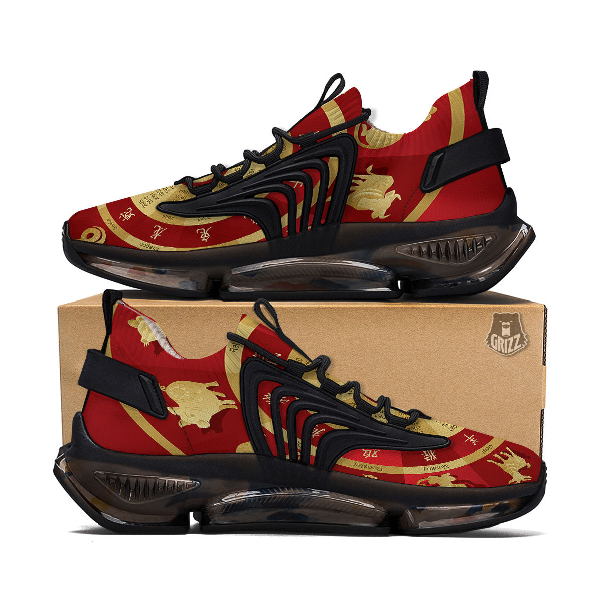 Zodiac Wheel Red Chinese Print Black Gym Shoes-grizzshop
