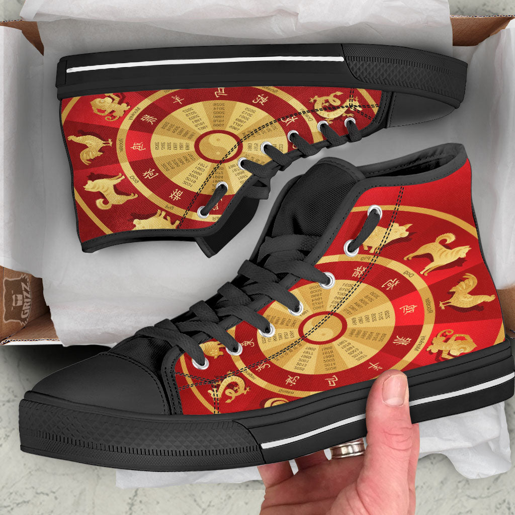 Zodiac Wheel Red Chinese Print Black High Top Shoes-grizzshop