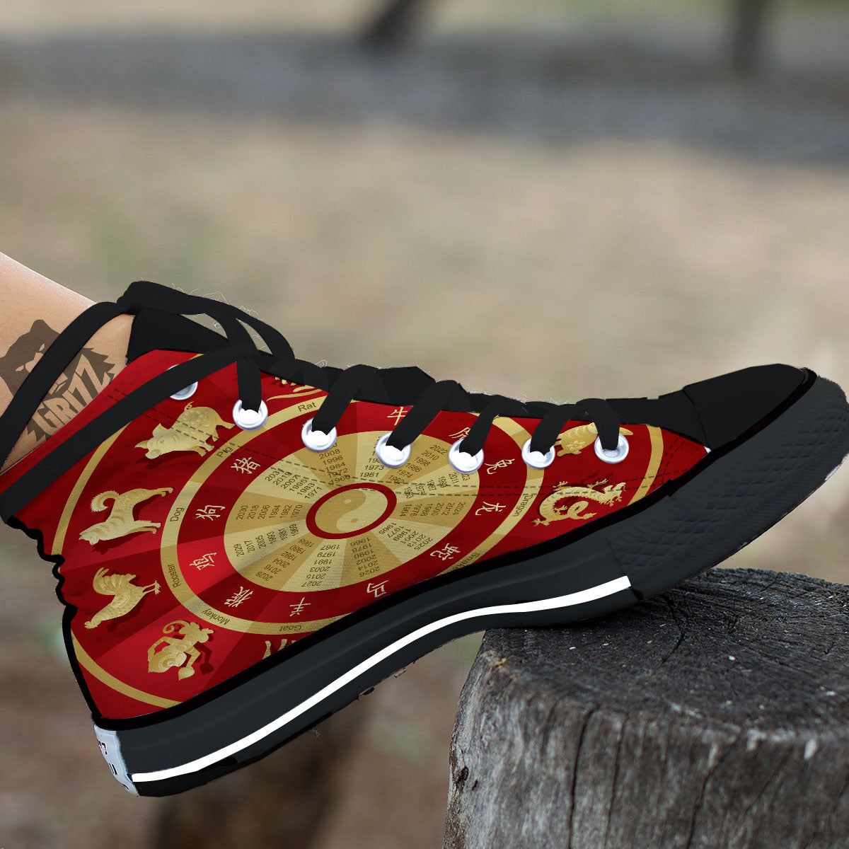 Zodiac Wheel Red Chinese Print Black High Top Shoes-grizzshop