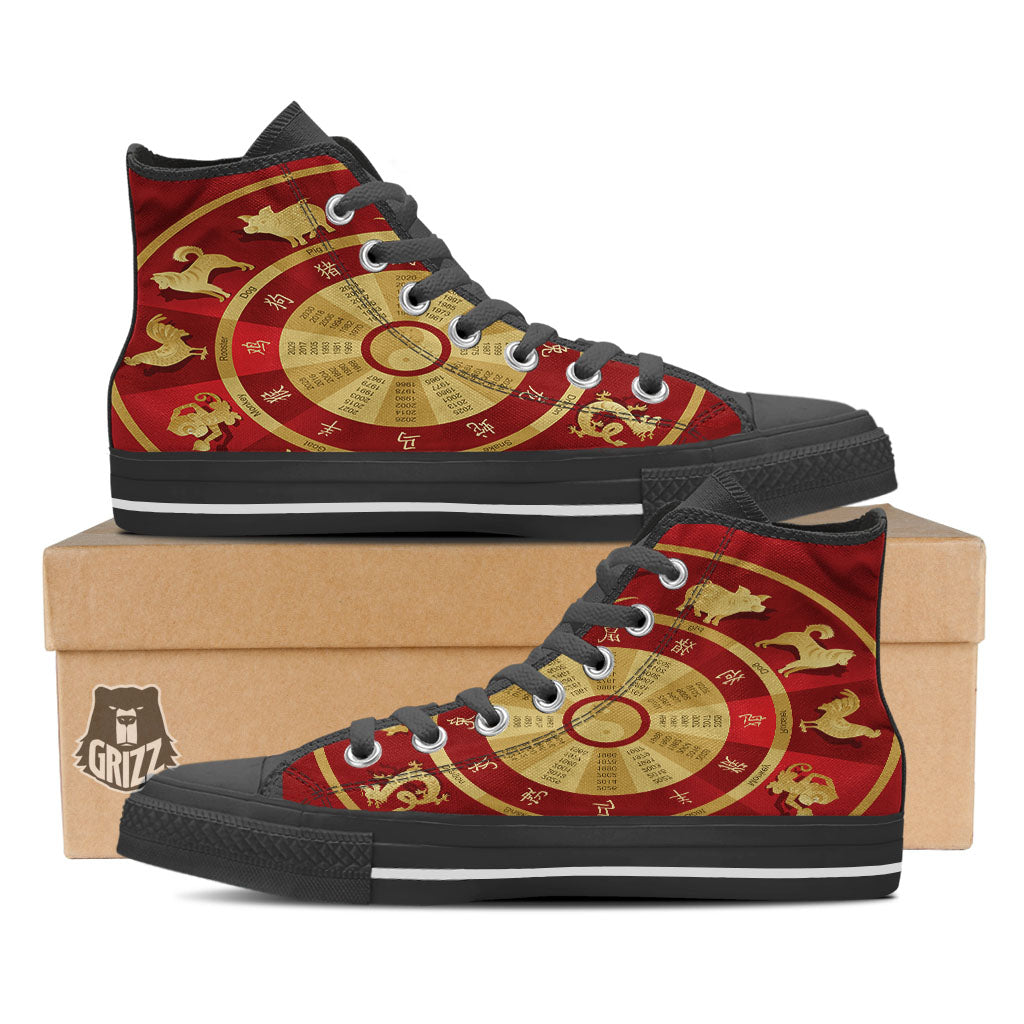 Zodiac Wheel Red Chinese Print Black High Top Shoes-grizzshop