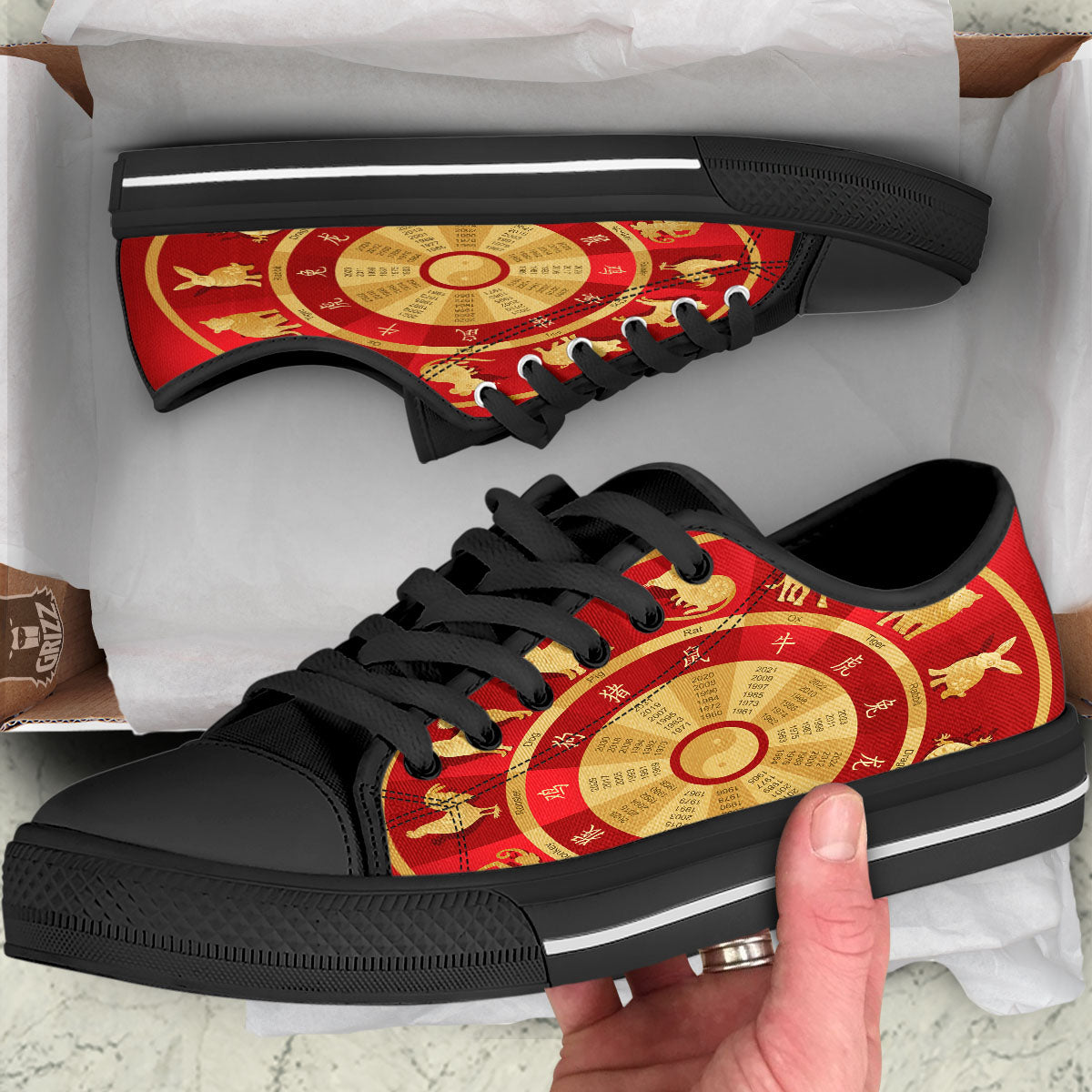 Zodiac Wheel Red Chinese Print Black Low Top Shoes-grizzshop