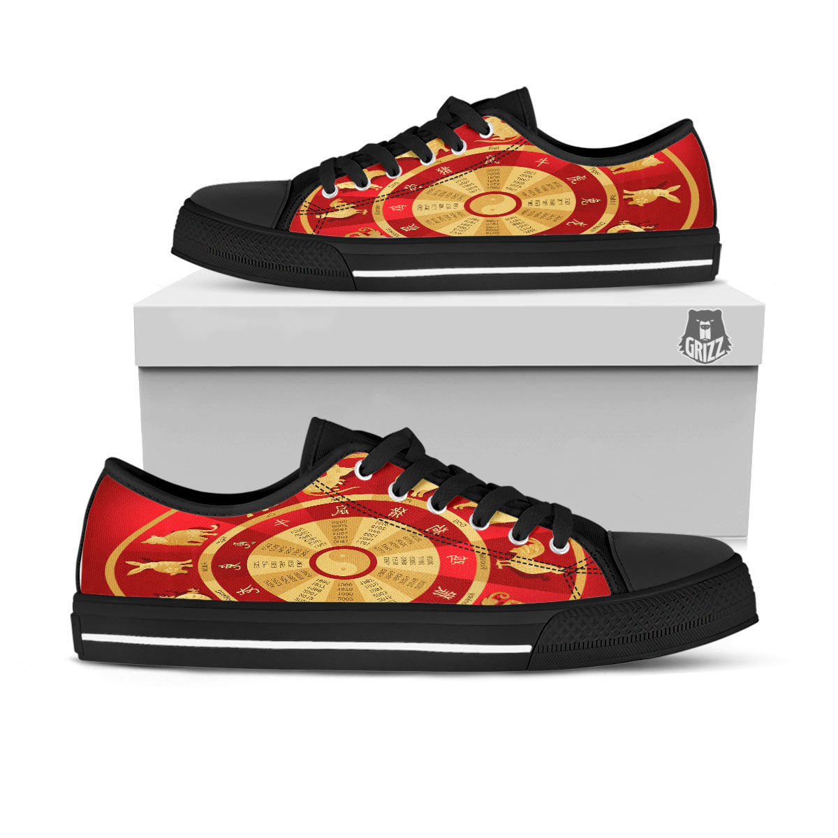 Zodiac Wheel Red Chinese Print Black Low Top Shoes-grizzshop