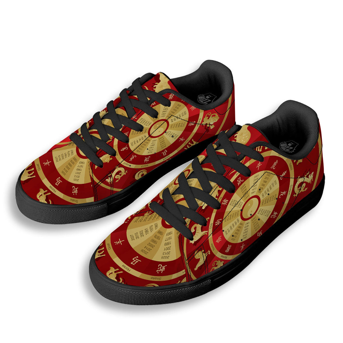 Zodiac Wheel Red Chinese Print Black Low Top Sneakers-grizzshop