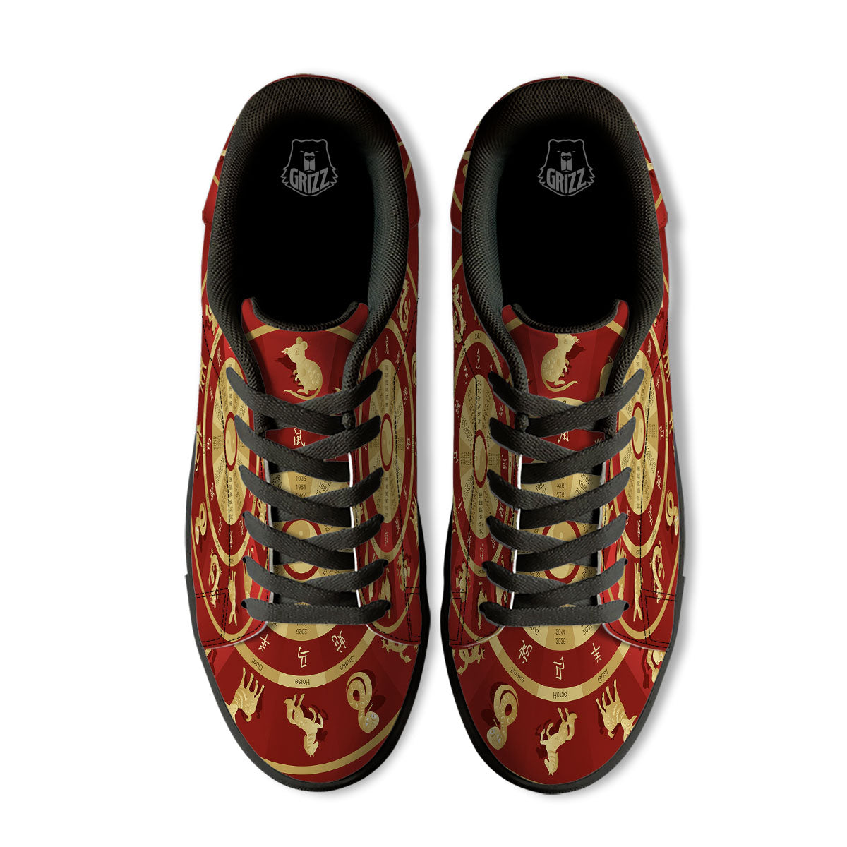 Zodiac Wheel Red Chinese Print Black Low Top Sneakers-grizzshop
