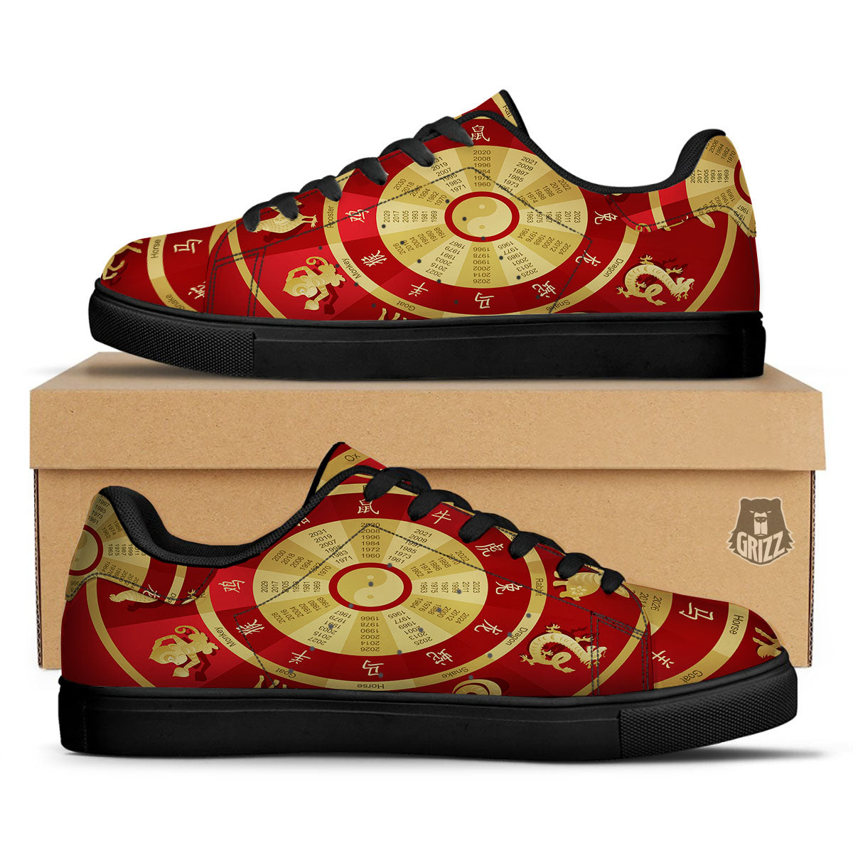 Zodiac Wheel Red Chinese Print Black Low Top Sneakers-grizzshop