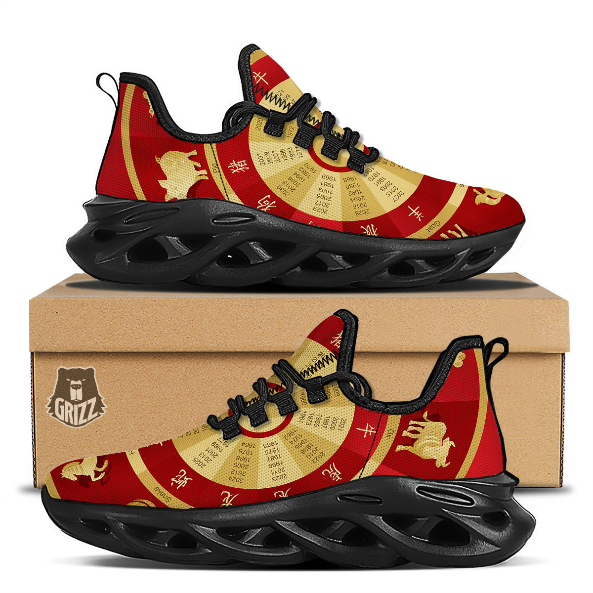 Zodiac Wheel Red Chinese Print Black Running Shoes-grizzshop