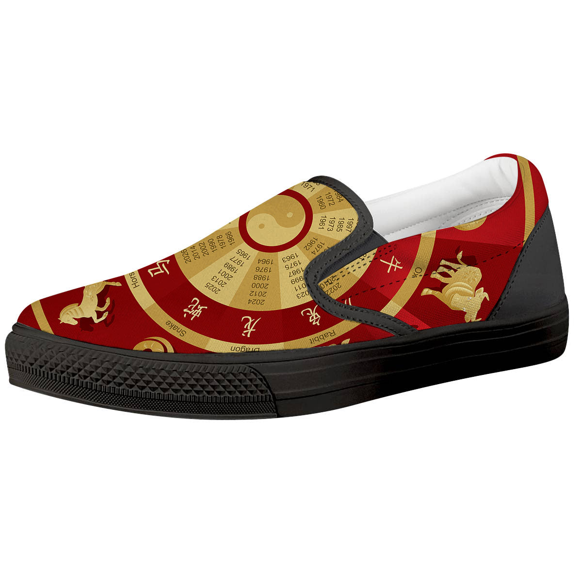 Zodiac Wheel Red Chinese Print Black Slip On Shoes-grizzshop