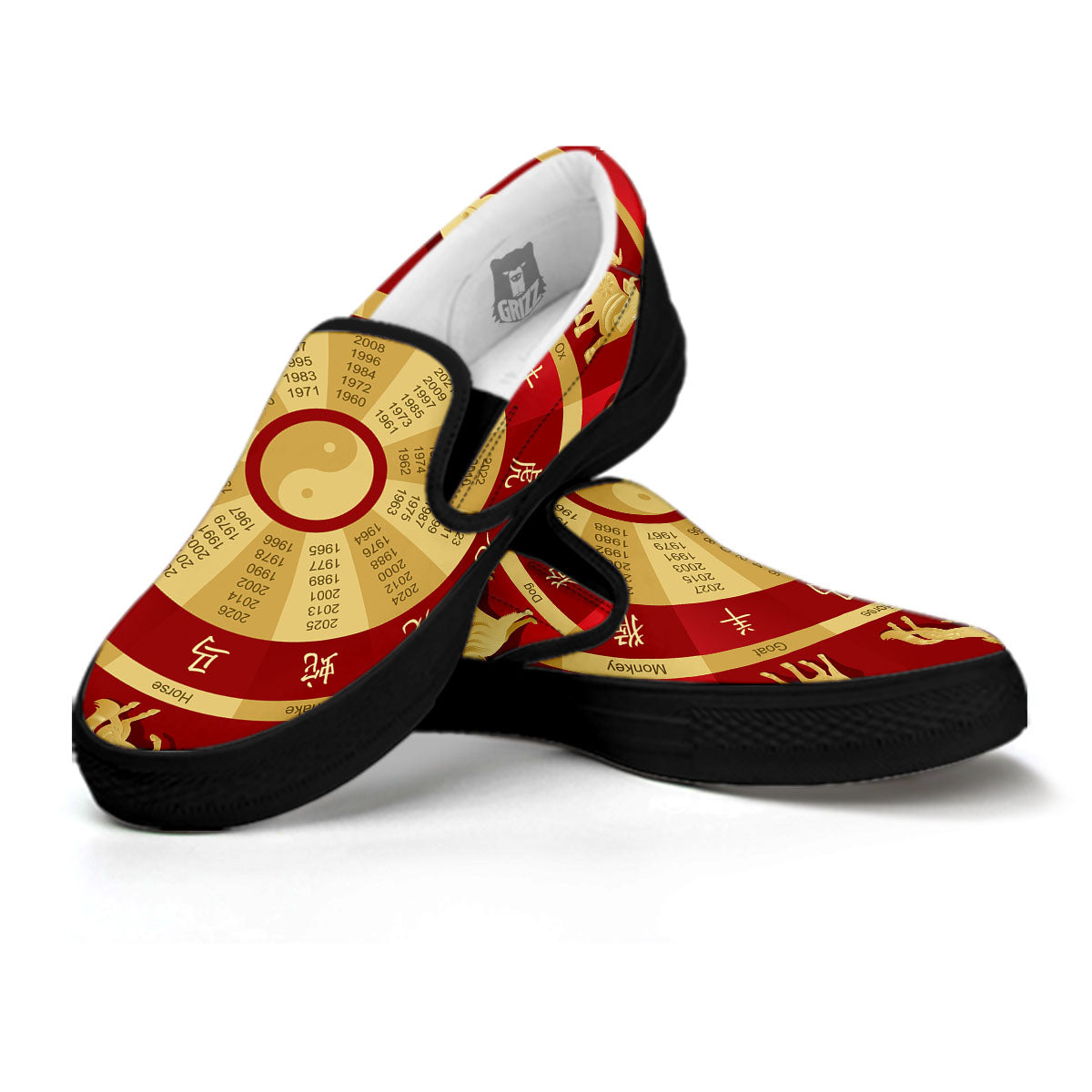 Zodiac Wheel Red Chinese Print Black Slip On Shoes-grizzshop