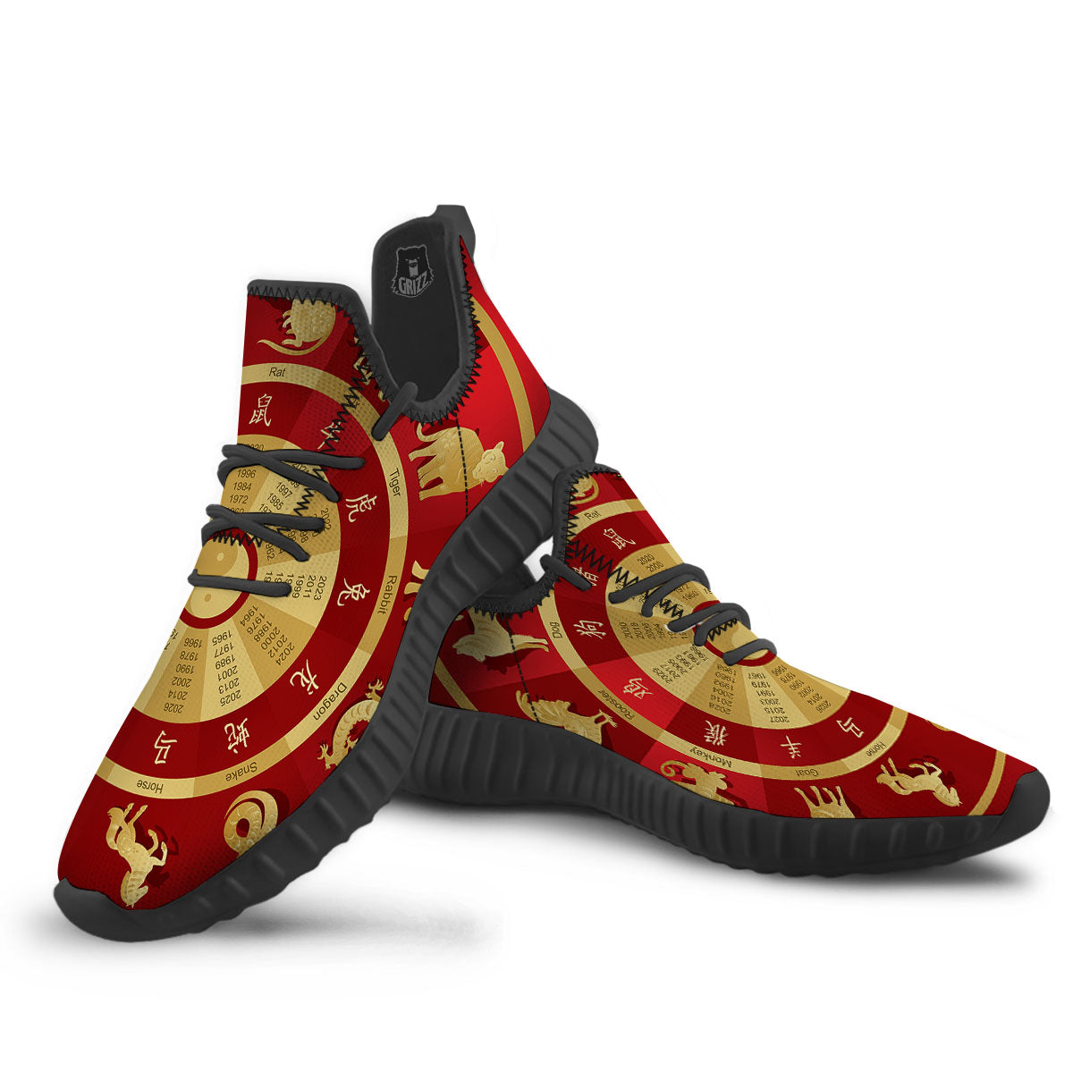Zodiac Wheel Red Chinese Print Black Walking Shoes-grizzshop