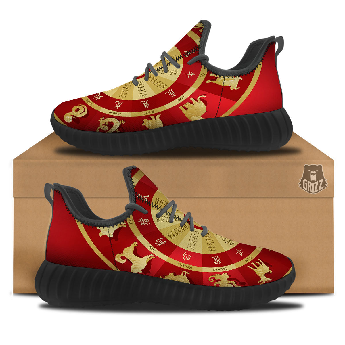 Zodiac Wheel Red Chinese Print Black Walking Shoes-grizzshop
