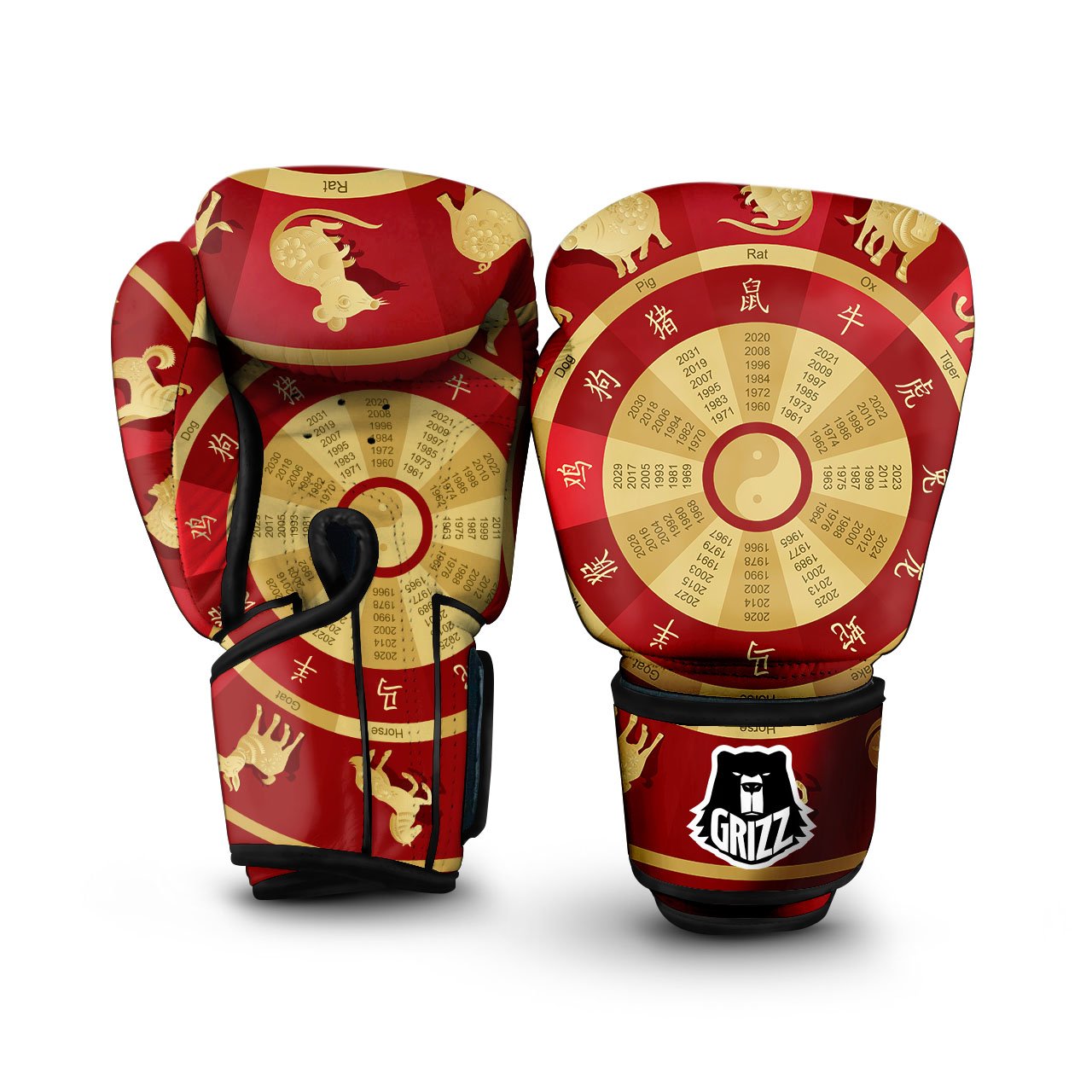 Zodiac Wheel Red Chinese Print Boxing Gloves-grizzshop