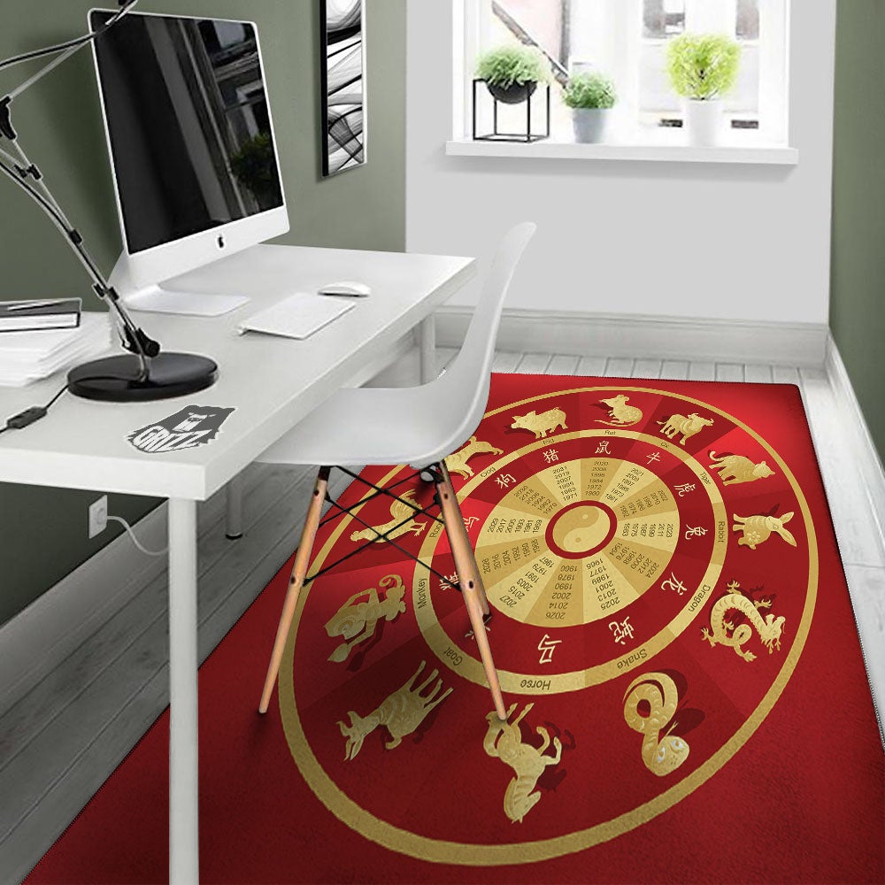 Zodiac Wheel Red Chinese Print Floor Mat-grizzshop