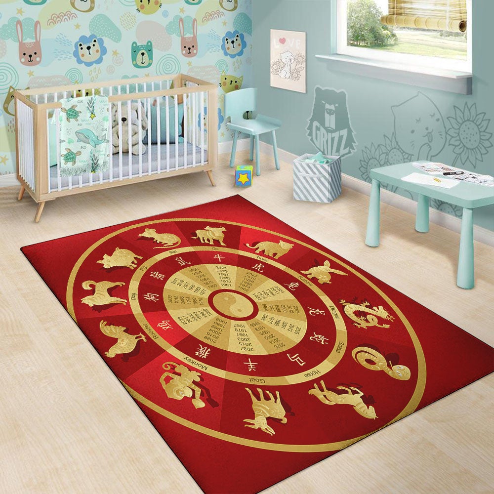 Zodiac Wheel Red Chinese Print Floor Mat-grizzshop