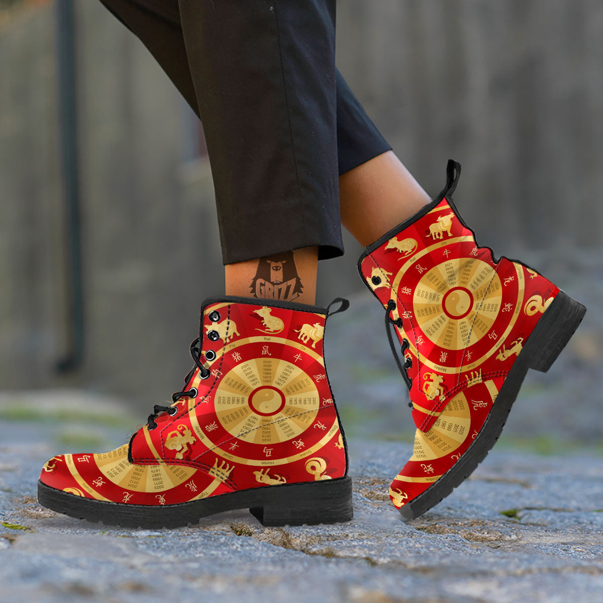 Zodiac Wheel Red Chinese Print Leather Boots-grizzshop