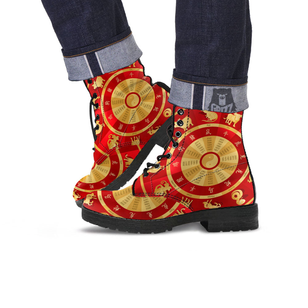 Zodiac Wheel Red Chinese Print Leather Boots-grizzshop