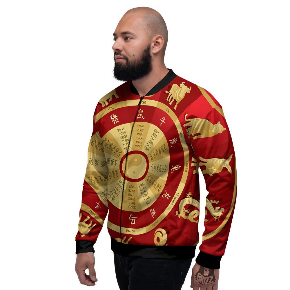 Zodiac Wheel Red Chinese Print Men's Bomber Jacket-grizzshop