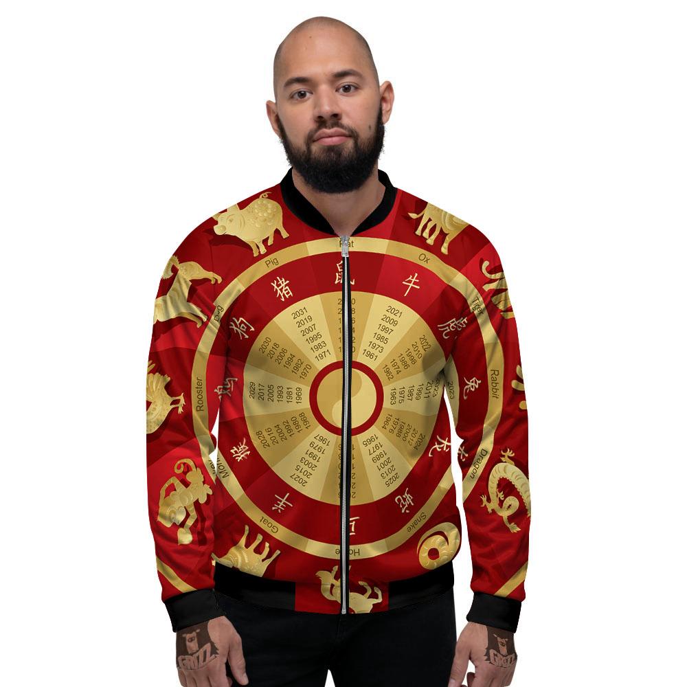 Zodiac Wheel Red Chinese Print Men's Bomber Jacket-grizzshop