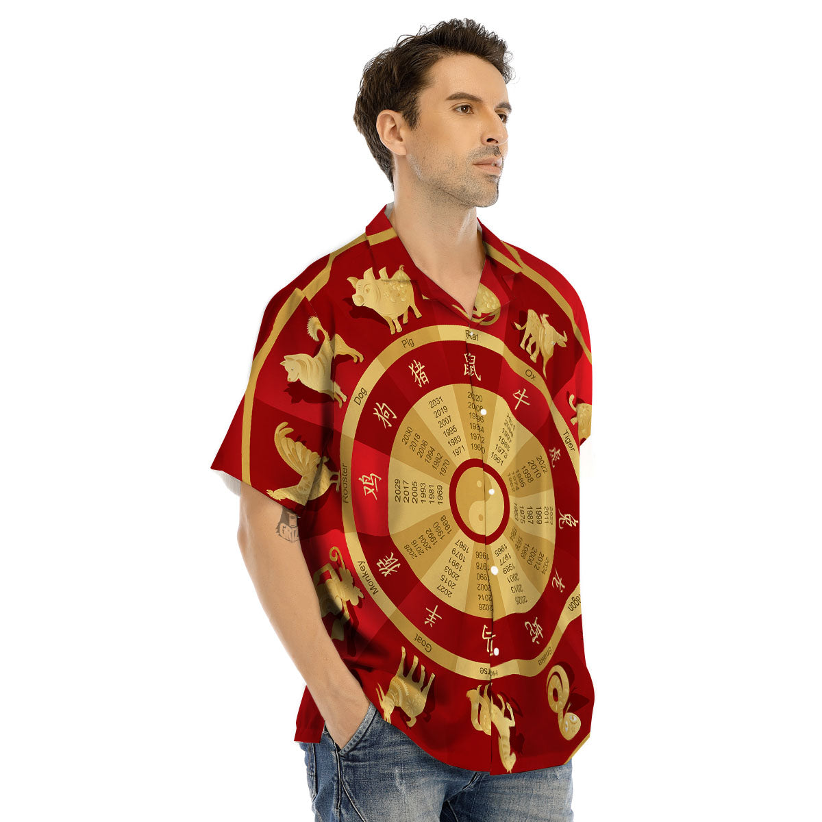 Zodiac Wheel Red Chinese Print Men's Hawaiian Shirt-grizzshop