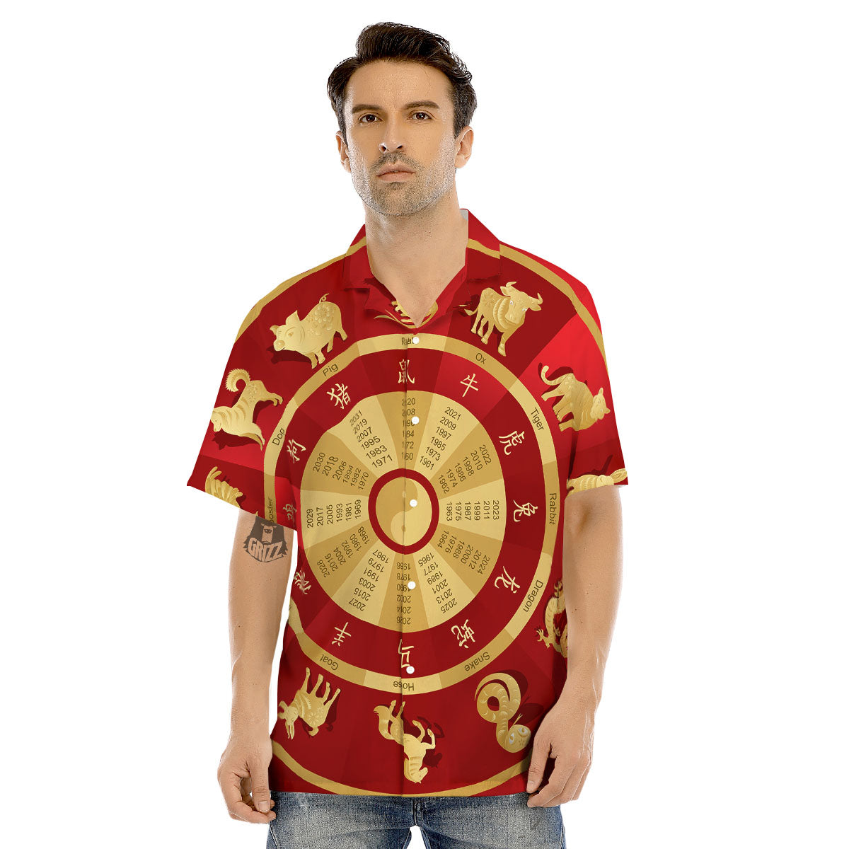 Zodiac Wheel Red Chinese Print Men's Hawaiian Shirt-grizzshop