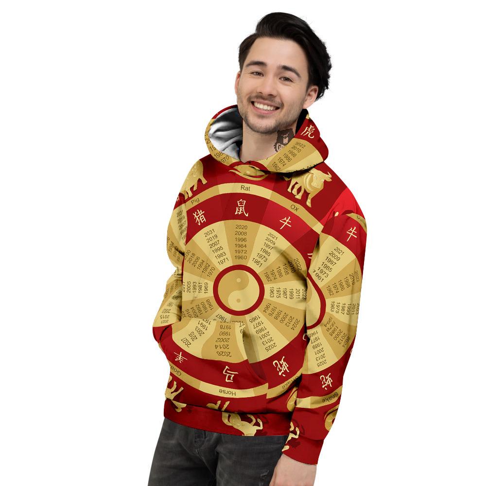 Zodiac Wheel Red Chinese Print Men's Hoodie-grizzshop