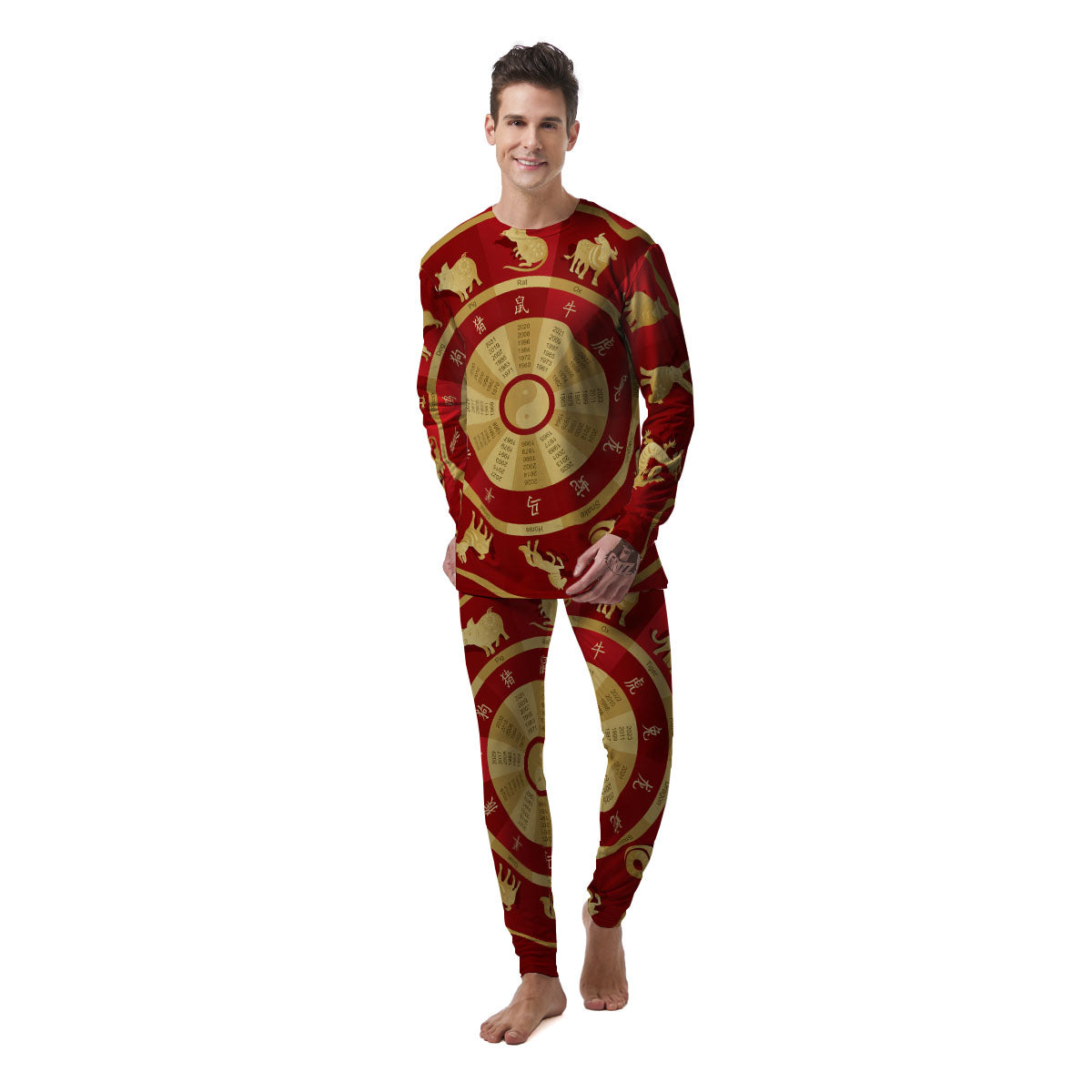 Zodiac Wheel Red Chinese Print Men's Pajamas-grizzshop