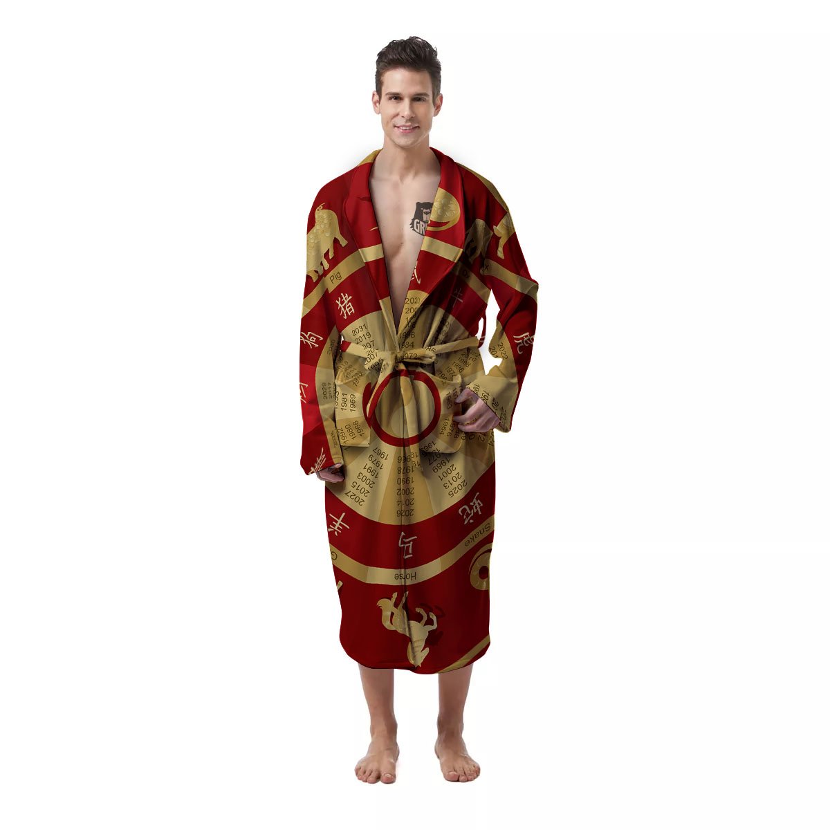 Zodiac Wheel Red Chinese Print Men's Robe-grizzshop