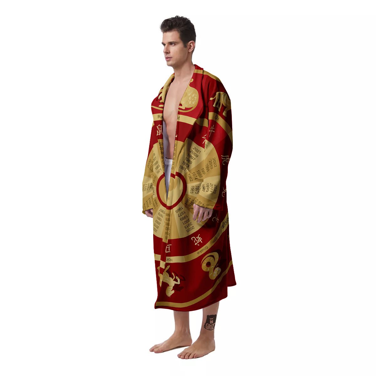 Zodiac Wheel Red Chinese Print Men's Robe-grizzshop