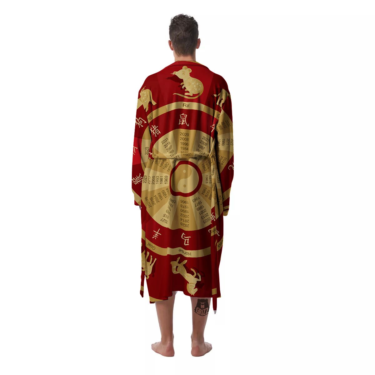 Zodiac Wheel Red Chinese Print Men's Robe-grizzshop