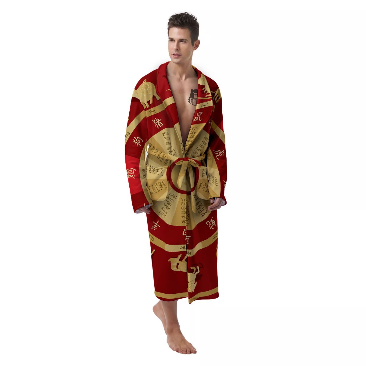 Zodiac Wheel Red Chinese Print Men's Robe-grizzshop